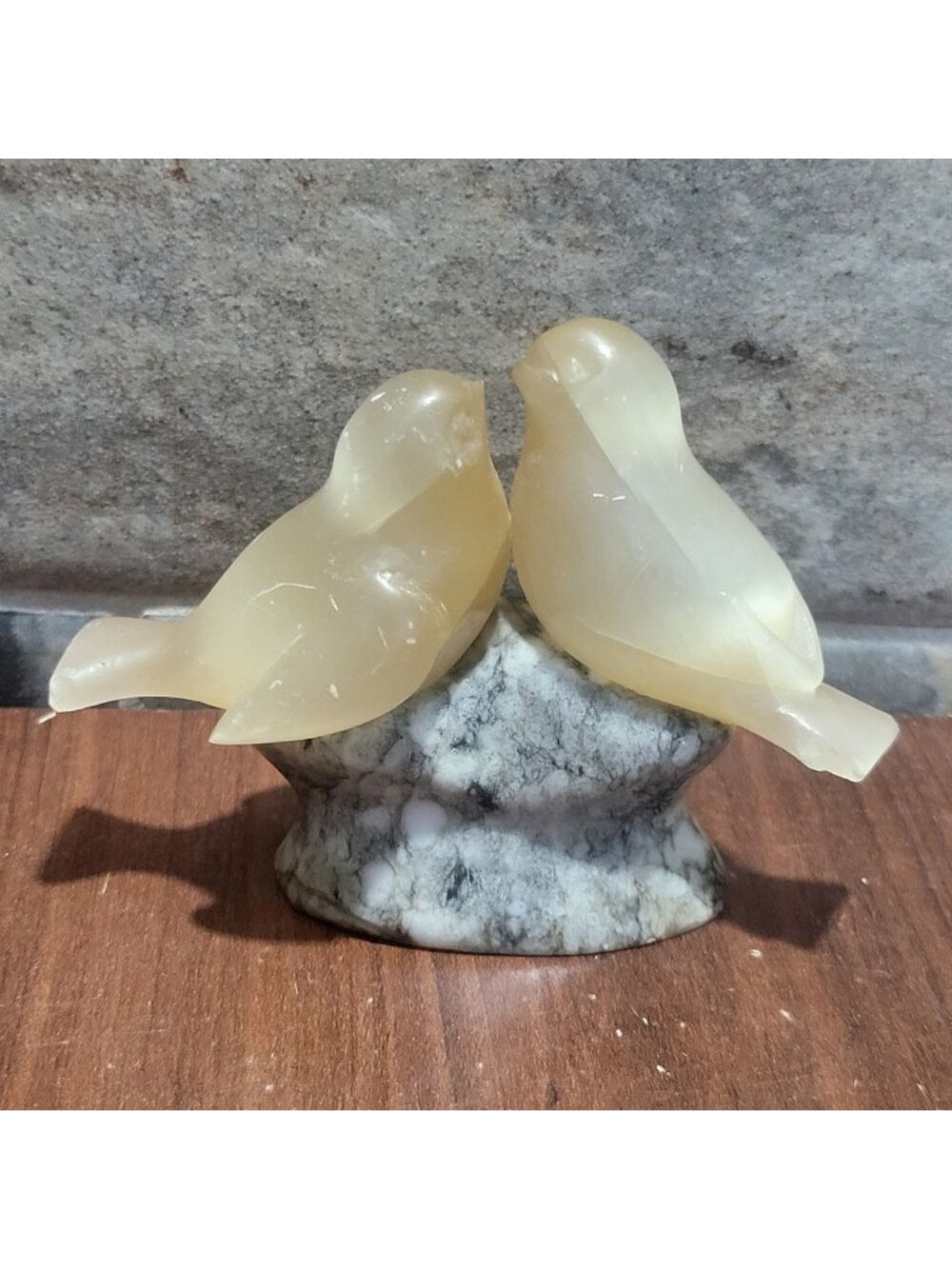 Vintage Hand Carved Selenite Satin Spar Lovebirds Figurine on Marble Stone Base